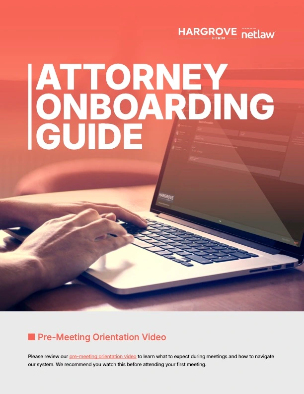 Attorney onboarding guide displayed over laptop workspace