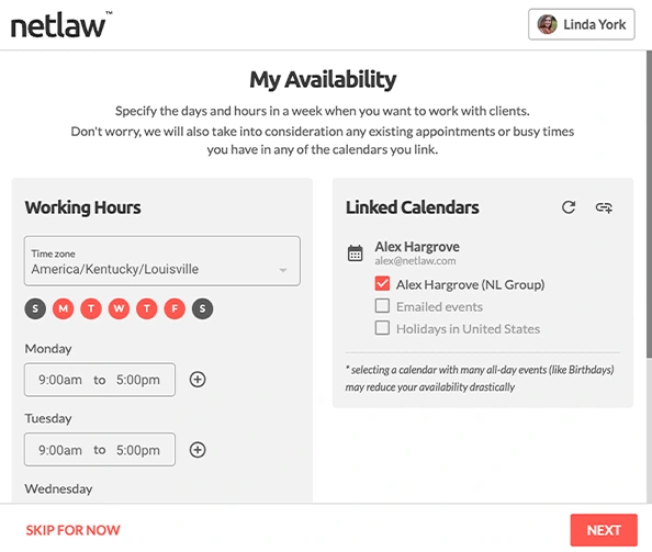 Availability scheduling dashboard with working hours and calendars