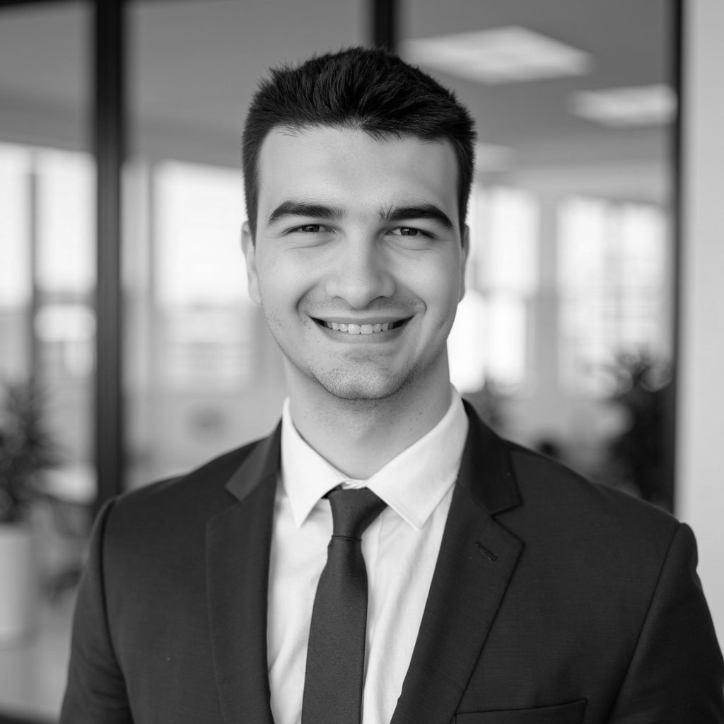 Smiling businessman in suit in modern office