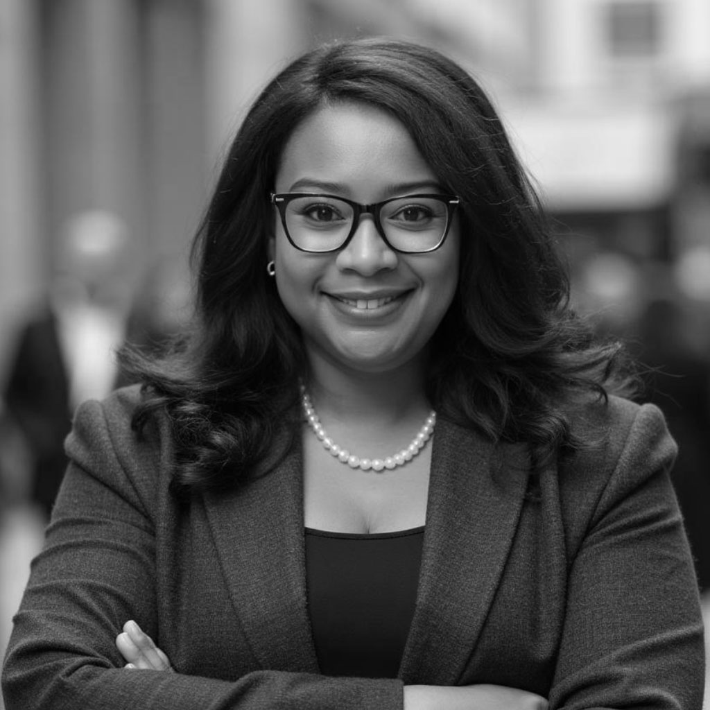 Professional woman smiling with glasses and blazer